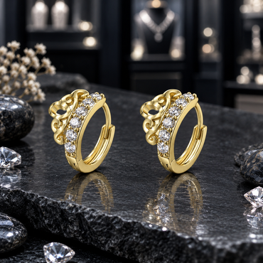 Pair of gold-tone hoop earrings with openwork crown-like scroll detailing beside a curved row of round clear sparkling accents.