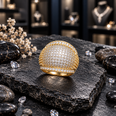 Gold-tone domed ring with a densely arranged clear-looking accent centre, curved accent borders and ridged gold-tone shoulders.