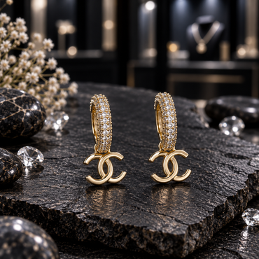 Pair of gold-tone rounded hoops with rows of clear-looking accents and smooth overlapping double-C hanging charms.