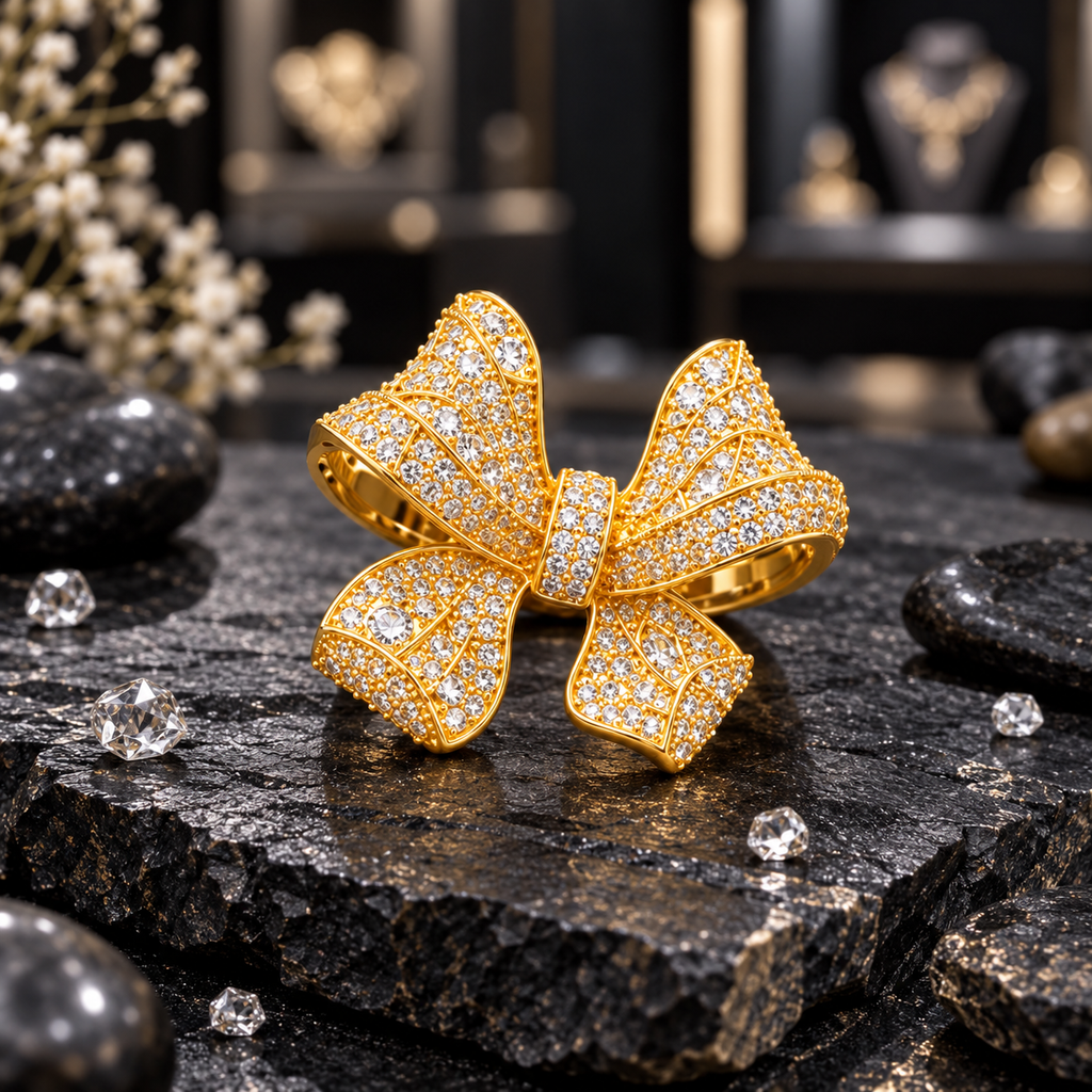 Gold-tone ribbon bow statement ring with raised folded loops, curved ribbon tails, a centre wrap and mixed-size clear-looking accents.