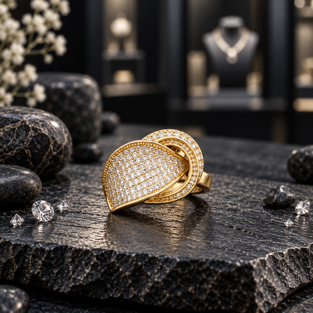 Gold-tone ring with a clear-looking accent-covered teardrop panel overlapping two curved accent-lined loops.