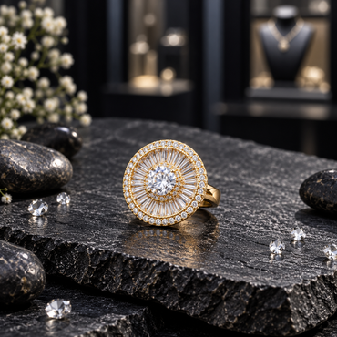 Gold-tone sunburst ring with a clear-looking faceted centre, small inner halo, radial baguette-look accents and a round-accent outer border.