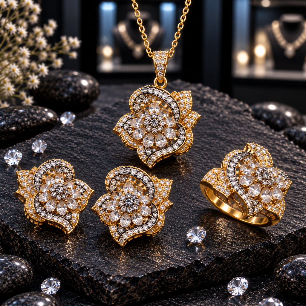 Gold-tone floral jewelry set with clear oval petals, clustered centres, sweeping clear-accent borders, pendant with chain, matching earrings and ring.