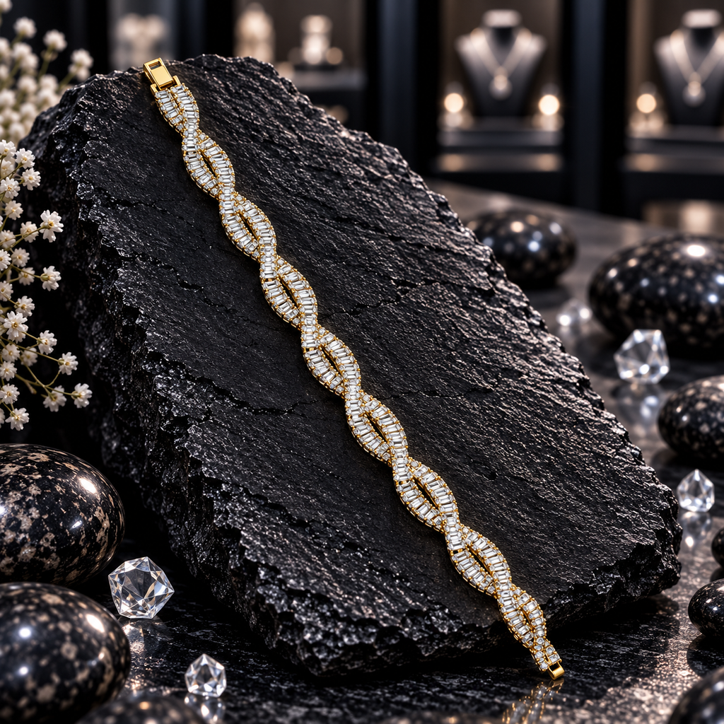 Gold-tone bracelet with repeating intertwined open loops, rows of clear rectangular accents and small round-accent connecting details.