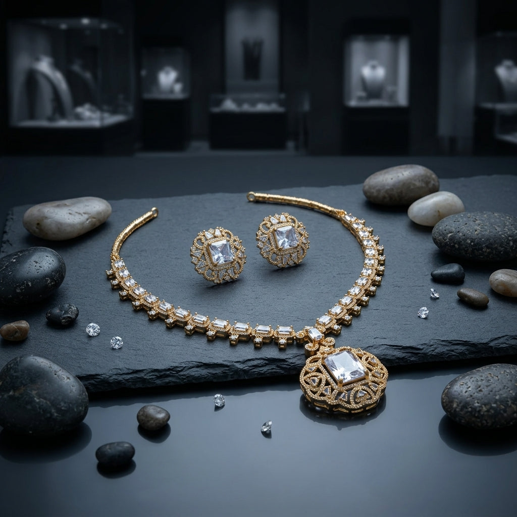 Gold-tone necklace and matching pair of earrings with clear rectangular centres, sparkling details and an openwork scroll pendant.