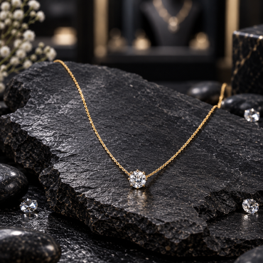 Gold-tone fine link necklace with a single round faceted clear-looking centre accent in a prong-style setting.