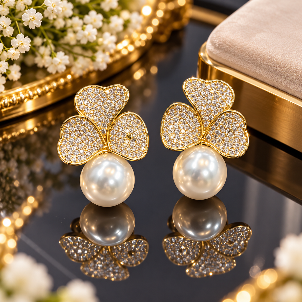 Gold-tone earrings with three clear-accent heart-shaped petals forming a clover motif and round ivory-white pearl-look details beneath.