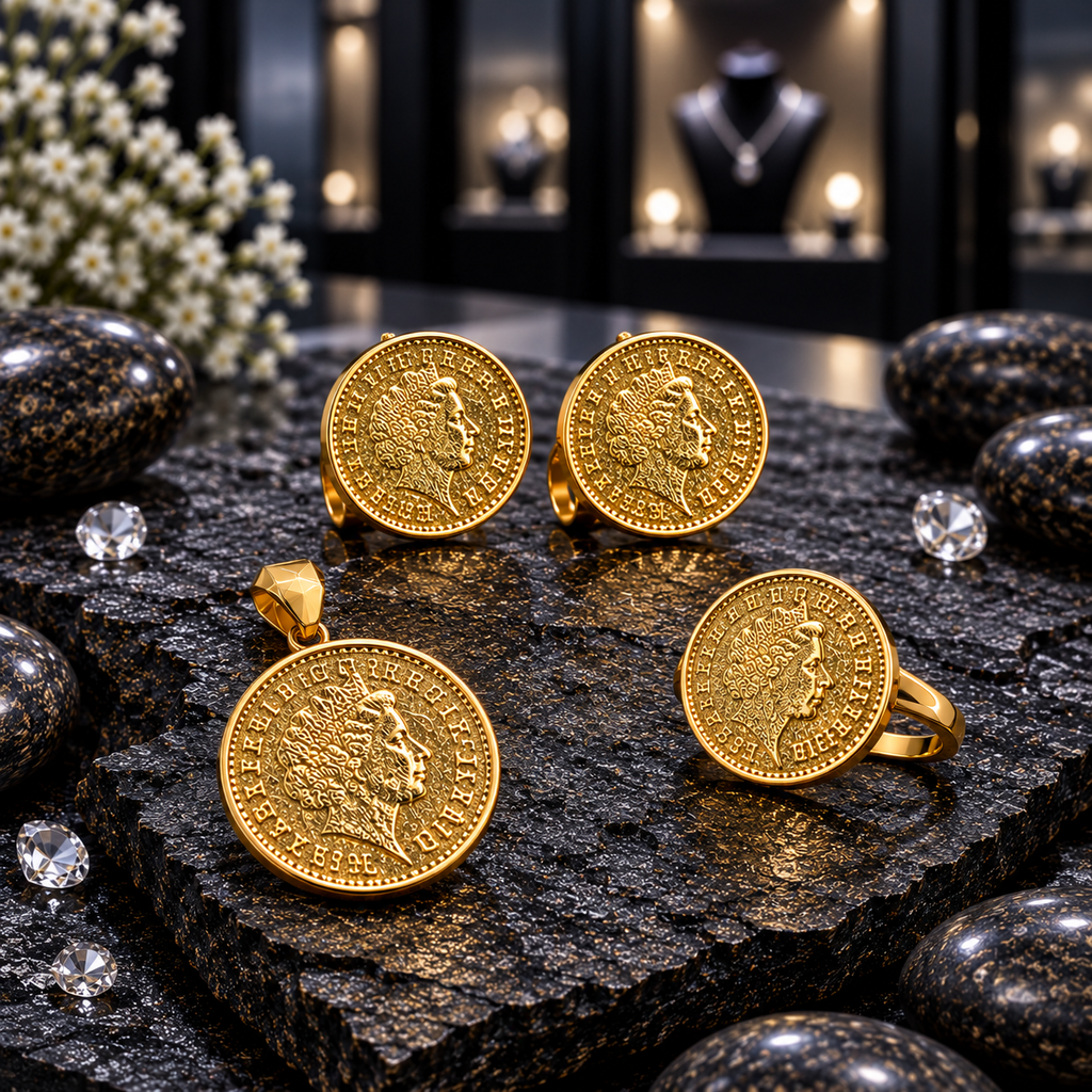 Gold-tone coin-style pendant, pair of matching earrings and ring with raised portrait motifs and dotted borders displayed on dark stone.