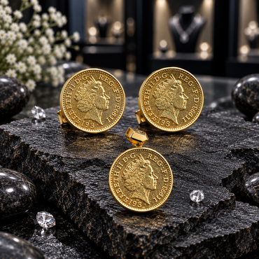 Gold-tone coin-style pendant and two matching earrings with raised portrait motifs and decorative borders displayed on dark stone.
