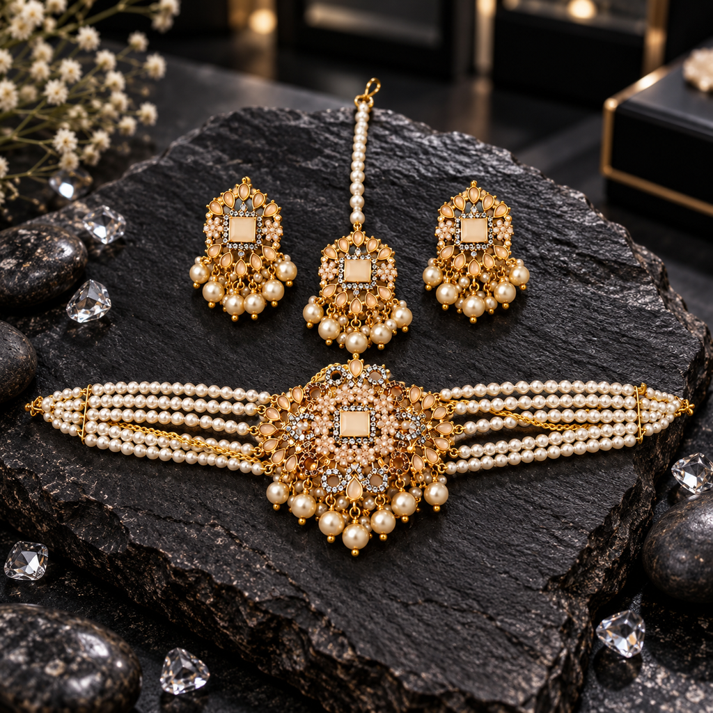 Gold-tone multi-row pearl-look choker with a cream square floral centre and rounded drop fringe, alongside matching earrings and a beaded-strand bindia.