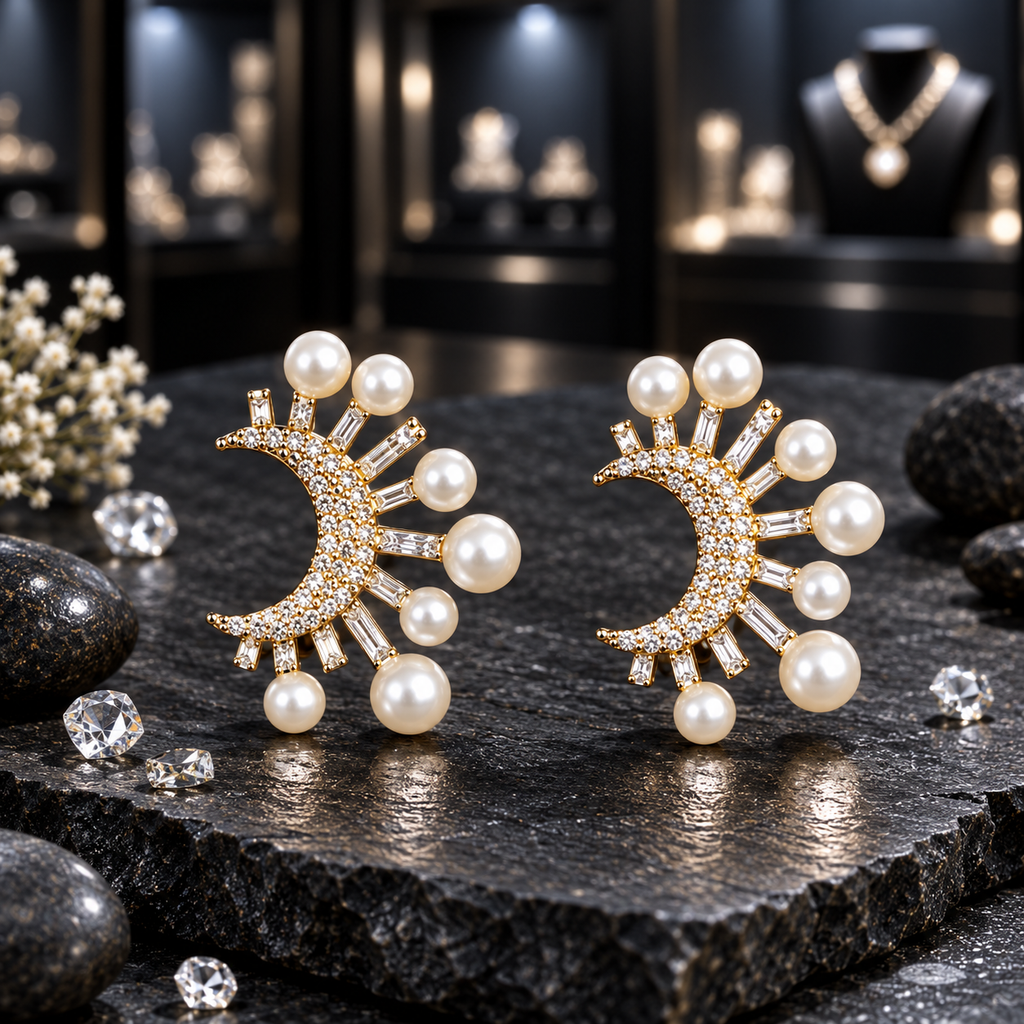 Pair of gold-tone clear-accent crescent earrings with radiating rectangular details and cream-white pearl-look beads in varied sizes.