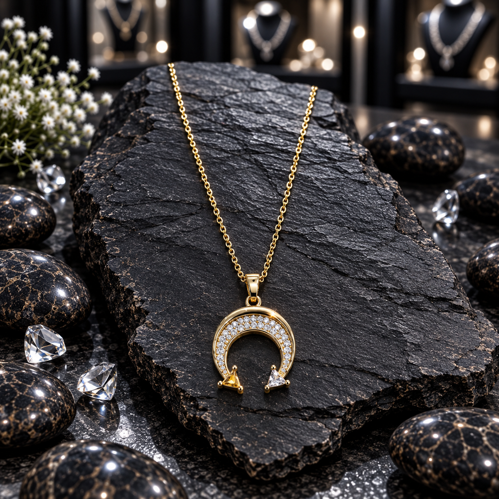 Gold-tone chain necklace with a downward-opening crescent pendant, clear accents along the curve and yellow and clear triangular tips, displayed on dark slate.
