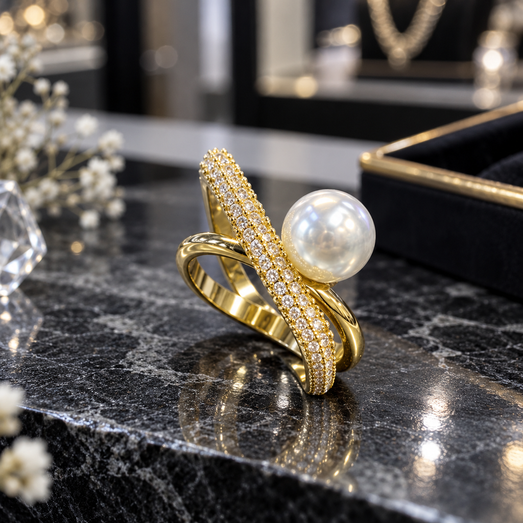 Gold-tone crossover ring with polished curved loops, an elongated clear-accent strip and a round white pearl-look detail beside the strip.
