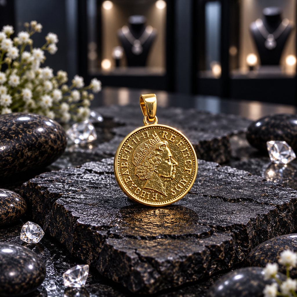 Gold-tone round coin-style pendant with a crowned portrait, decorative lettering, dotted border and bail displayed on dark stone.