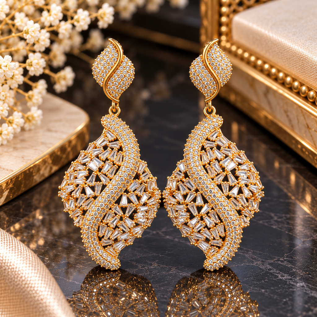 Gold-tone openwork drop earrings with leaf-like tops, tapered rectangular clear accents and sweeping S-shaped clear-accent bands.
