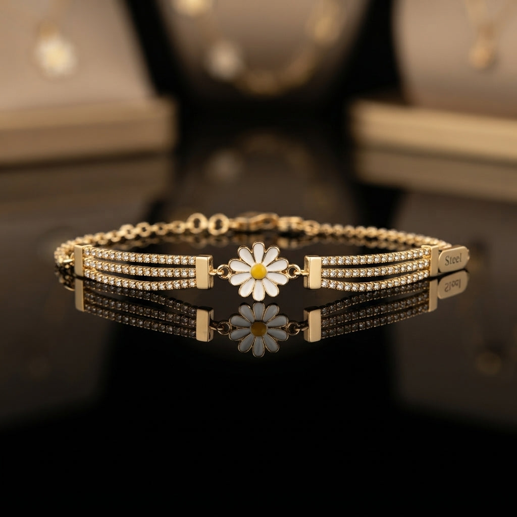Gold-tone CZ pavé double-row tennis bracelet with white enamel daisy flower charm and yellow center