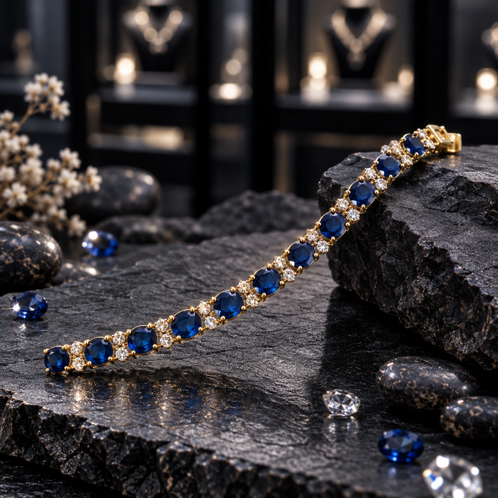 Gold-tone linked bracelet with faceted dark blue round accents, paired smaller round clear accents and visible prong settings, displayed diagonally across dark slate.