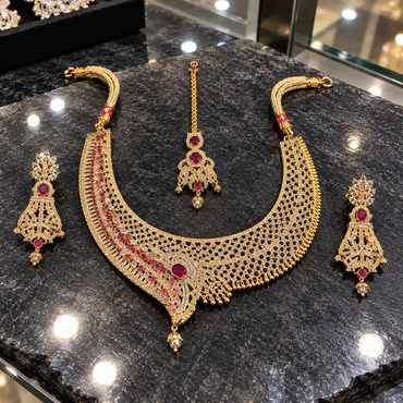 Gold-tone deep pink AD necklace, matching earrings and chain-style bindia laid flat, showing openwork lattice, clear accents and small gold-tone bead fringe.