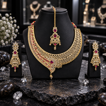 Gold-tone deep pink AD necklace, earrings and bindia on a black display, with asymmetric lattice detailing, an off-centre paisley-style motif and bead drops.