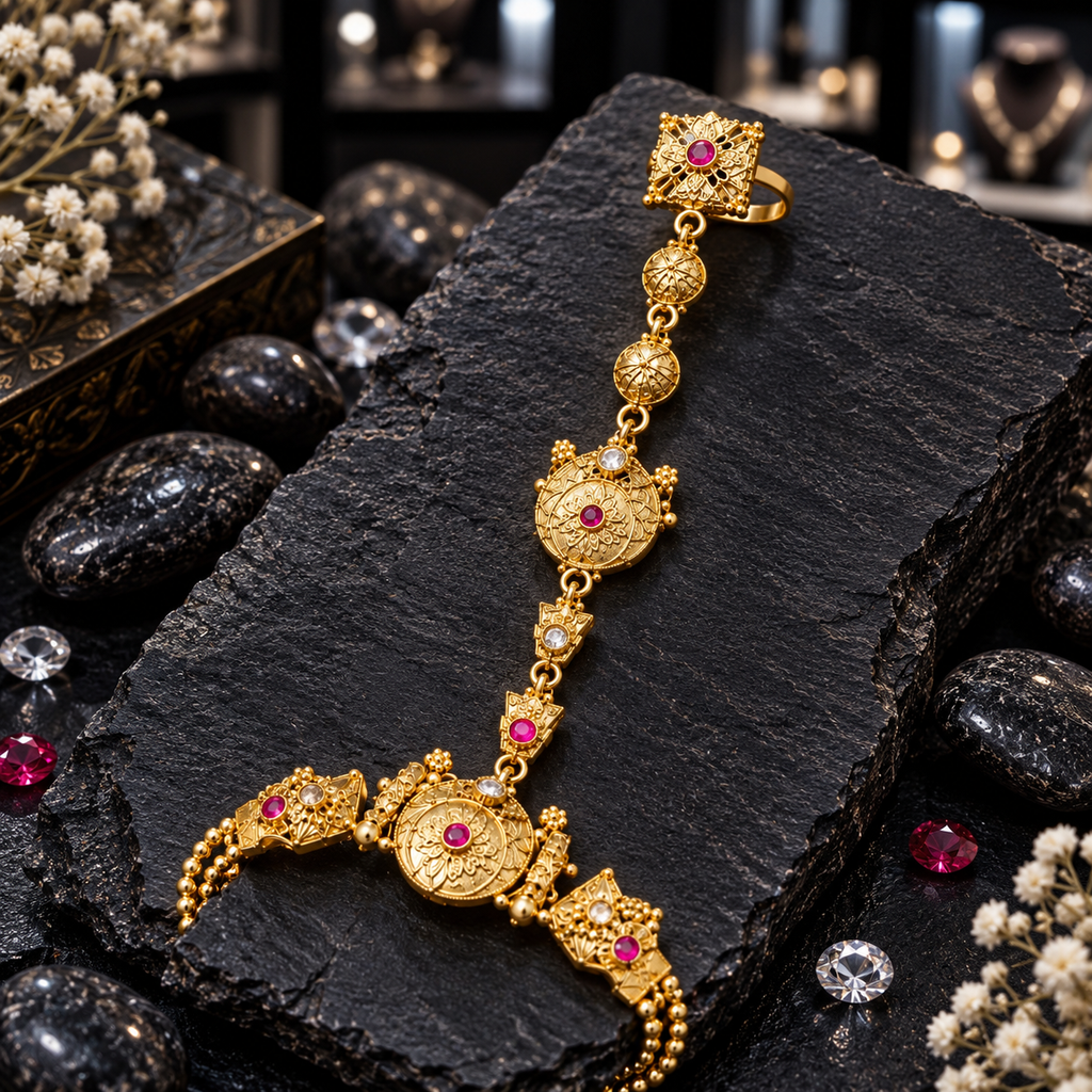 Gold-tone Hand Anja with a deep-pink square floral ring top, linked round floral medallions, clear accents and a double-bead bracelet section.
