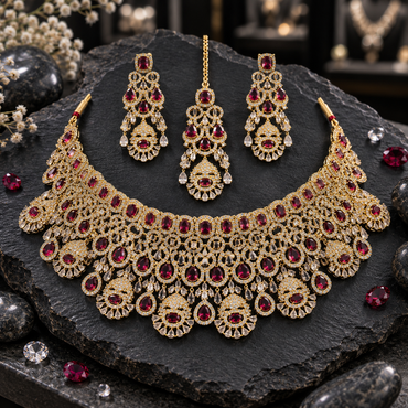 Gold-tone wide choker-style necklace with deep red halos, teardrops and fan-edged medallion fringe, matching elongated earrings and bindia.