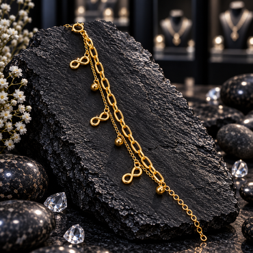 Gold-tone double chain bracelet with elongated oval links, a fine chain, three open infinity charms, three round bead charms and a round-link tail.