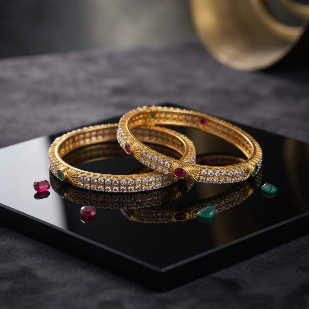 Gold-Tone Double-Row CZ Pave Multi-Color Oval CZ Accent Wide Bangle Pair stacked on black mirror tray with dark marble backdrop and scattered ruby and emerald CZ stones showing two matching wide gold bangles with two continuous rows of round white CZ pave stones gold sunburst fan engraved dividers and large oval ruby-red and emerald-green CZ accent stones in gold bezel settings with mirror reflection below