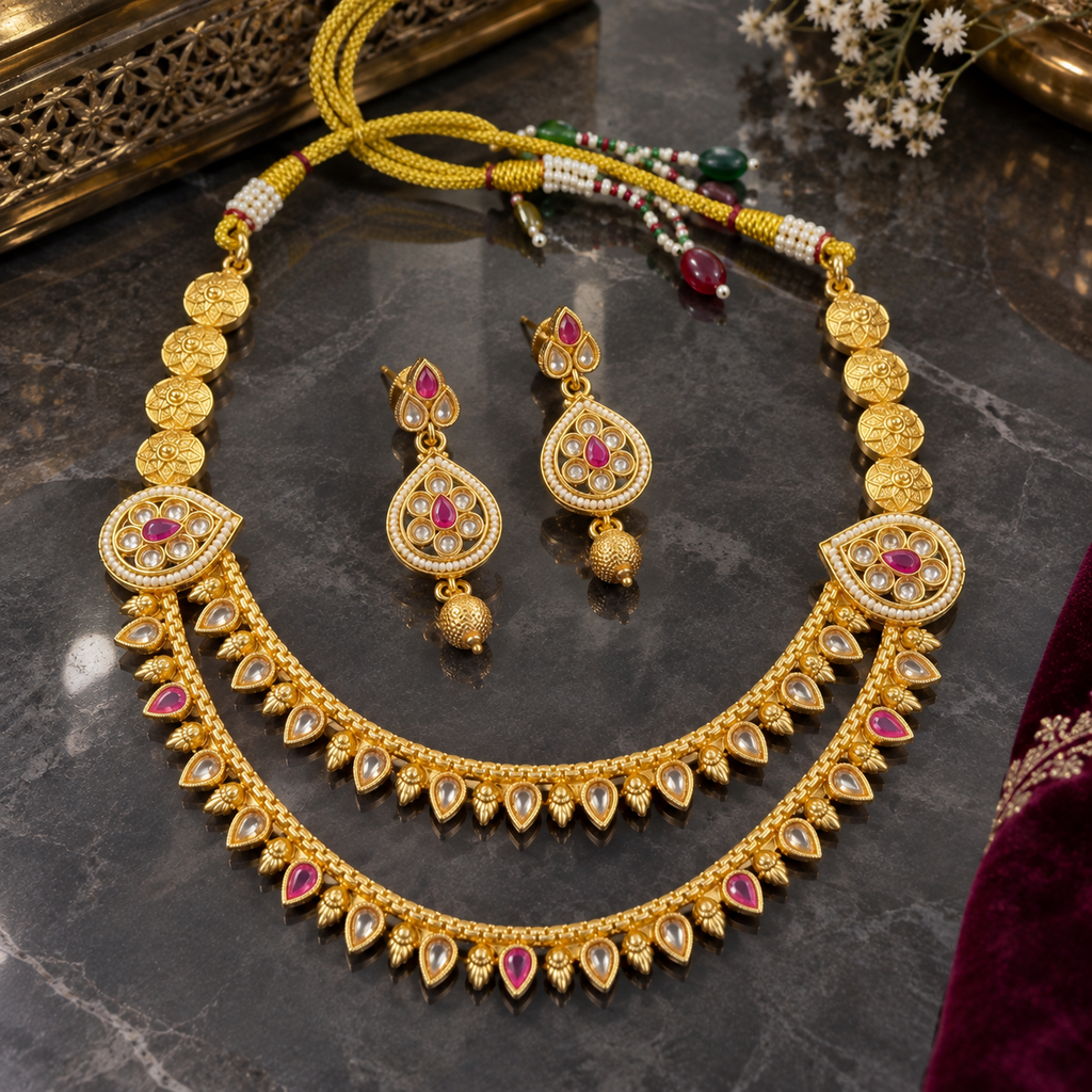 Gold-tone double-row necklace and matching drop earrings with pink and clear teardrop accents, coin-like links, and textured round earring drops.