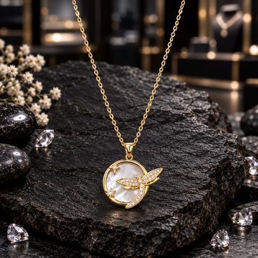 Gold-tone necklace with an oval-link chain, round lustrous white disc pendant, clear-accent dragonfly motif and two star details.