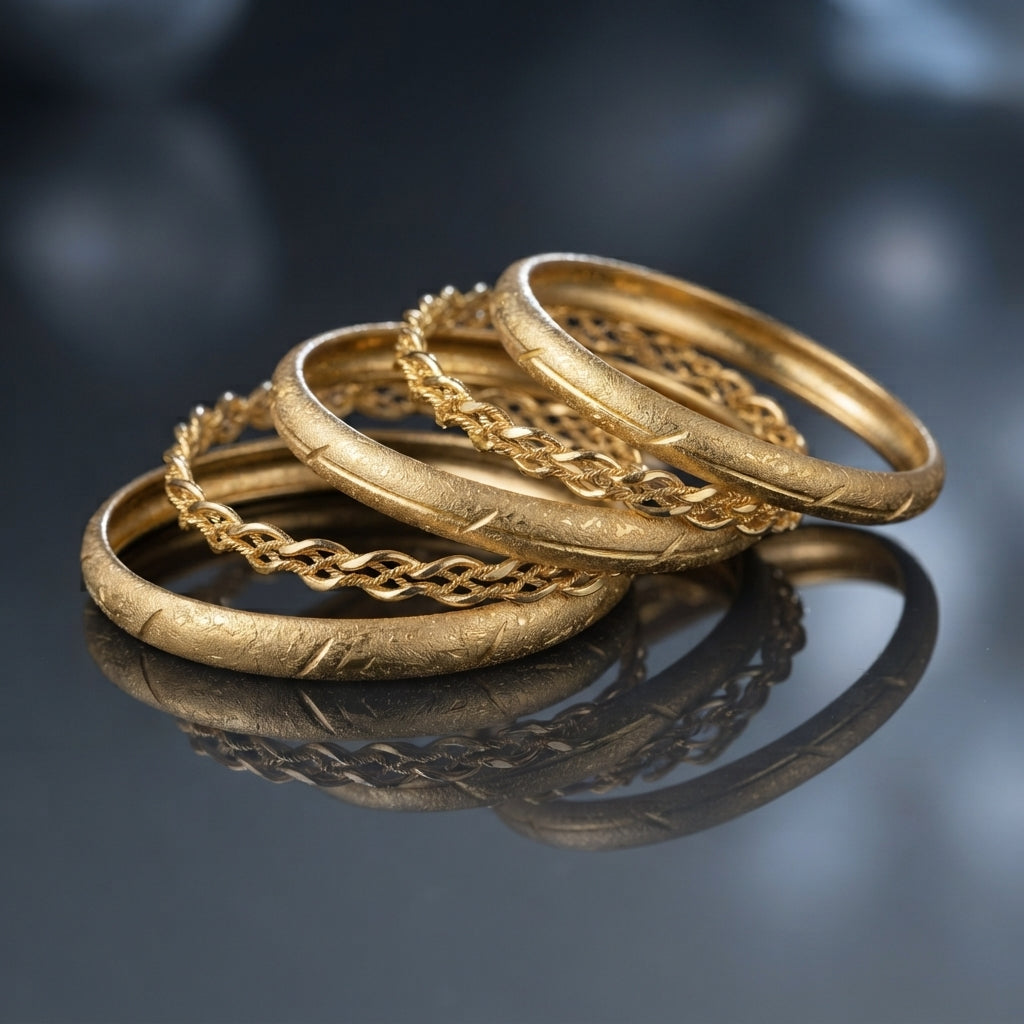 Four gold-tone bangles displayed together, with two engraved-texture and two braided chain-style designs.