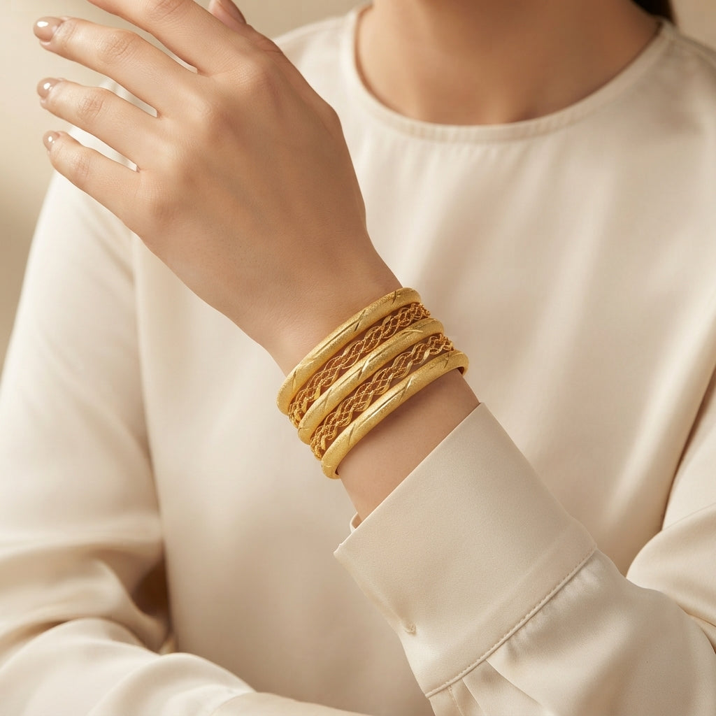 Wrist wearing four gold-tone bangles with engraved-texture and braided chain-style designs.