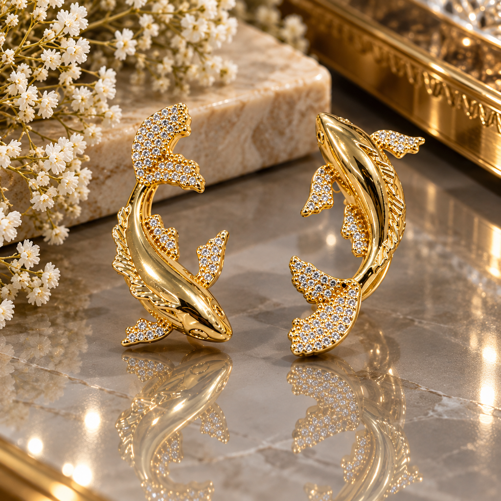 Gold-tone fish earrings with curved sculpted bodies, textured fin details and closely arranged clear accents on the fins and broad tails.