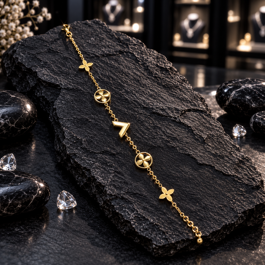 Gold-tone fine-chain bracelet with two four-petal motifs, two circular openwork flower details and a central chevron-shaped accent.