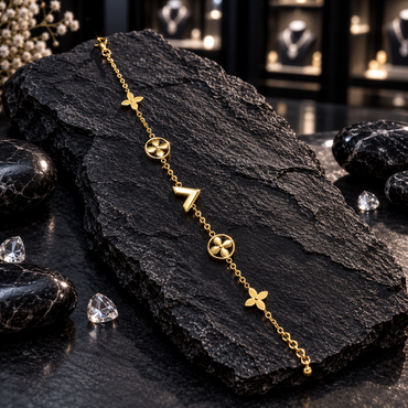 Gold-tone fine-chain bracelet with two four-petal motifs, two circular openwork flower details and a central chevron-shaped accent.