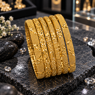 Six gold-tone bangles with alternating floral and geometric motifs, bead-like textured panels and polished details, arranged on a dark stone display.