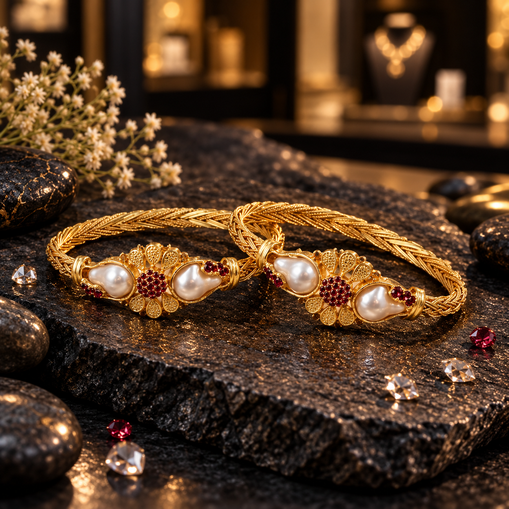 Pair of gold-tone bangles with braided-look bands, textured floral centres, deep red accent clusters and white pearl-look shaped details.