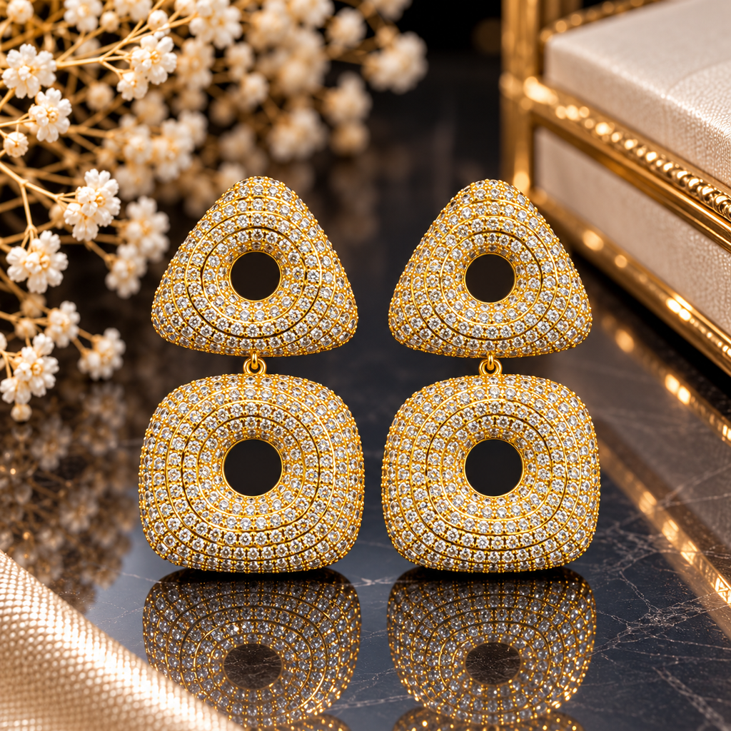 Gold-tone drop earrings with clear-accent rounded triangular tops, rounded square drops and circular open centres.