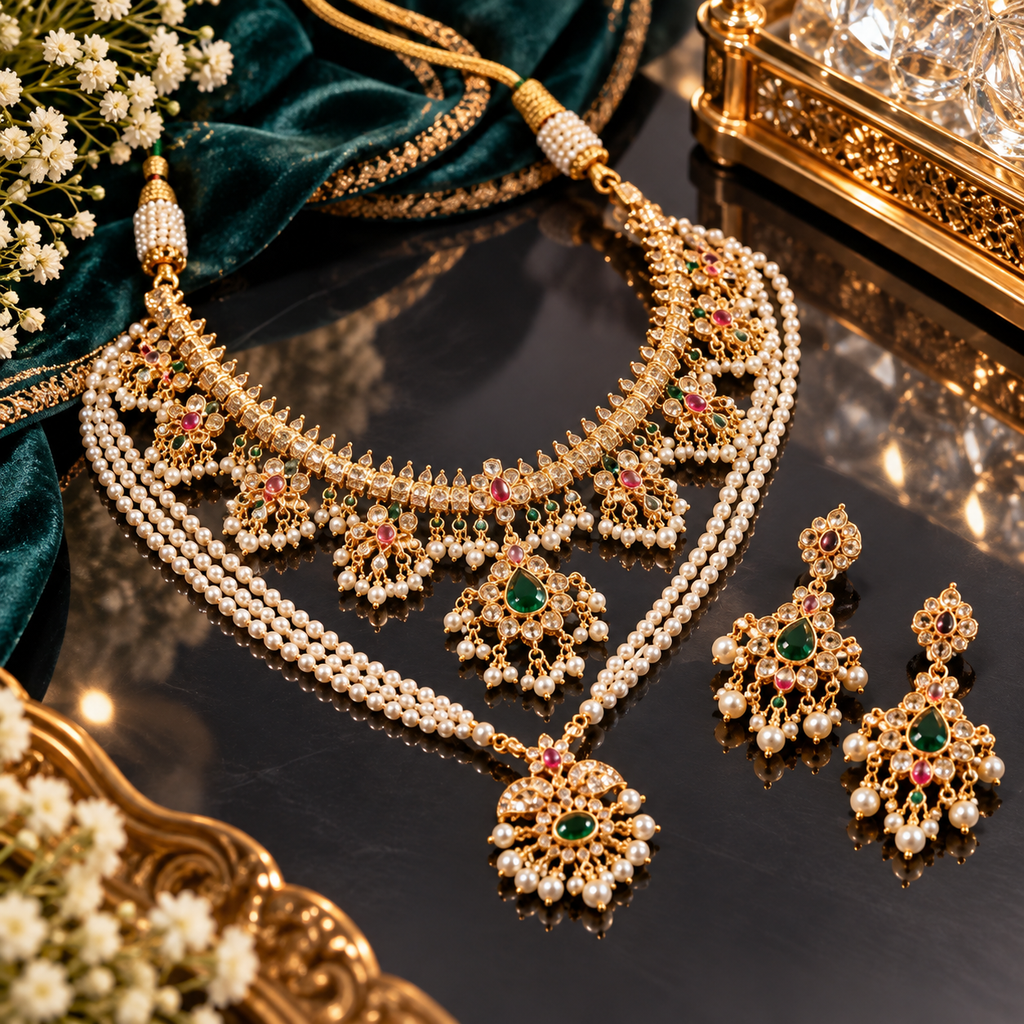 Gold-tone bridal necklace set with two necklaces, matching drop earrings, green and red accents, and ivory-colored pearl-like strands.