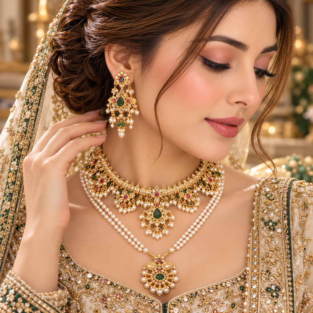 Model wearing a gold-tone layered necklace set with matching drop earrings, green and red accents, and ivory-colored pearl-like strands.