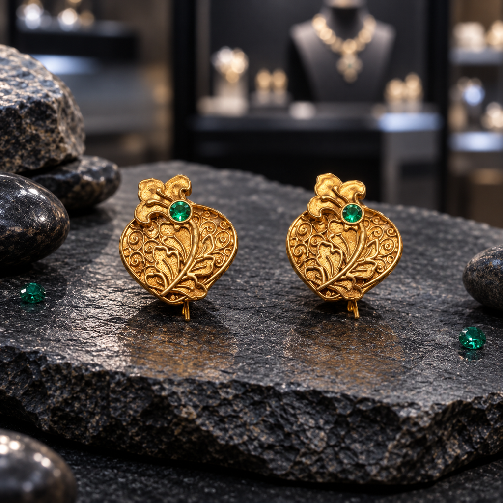 Gold-tone Rajwari earrings with raised diagonal leafy branches, curling scrollwork, pointed lower edges and round green accents near the top.