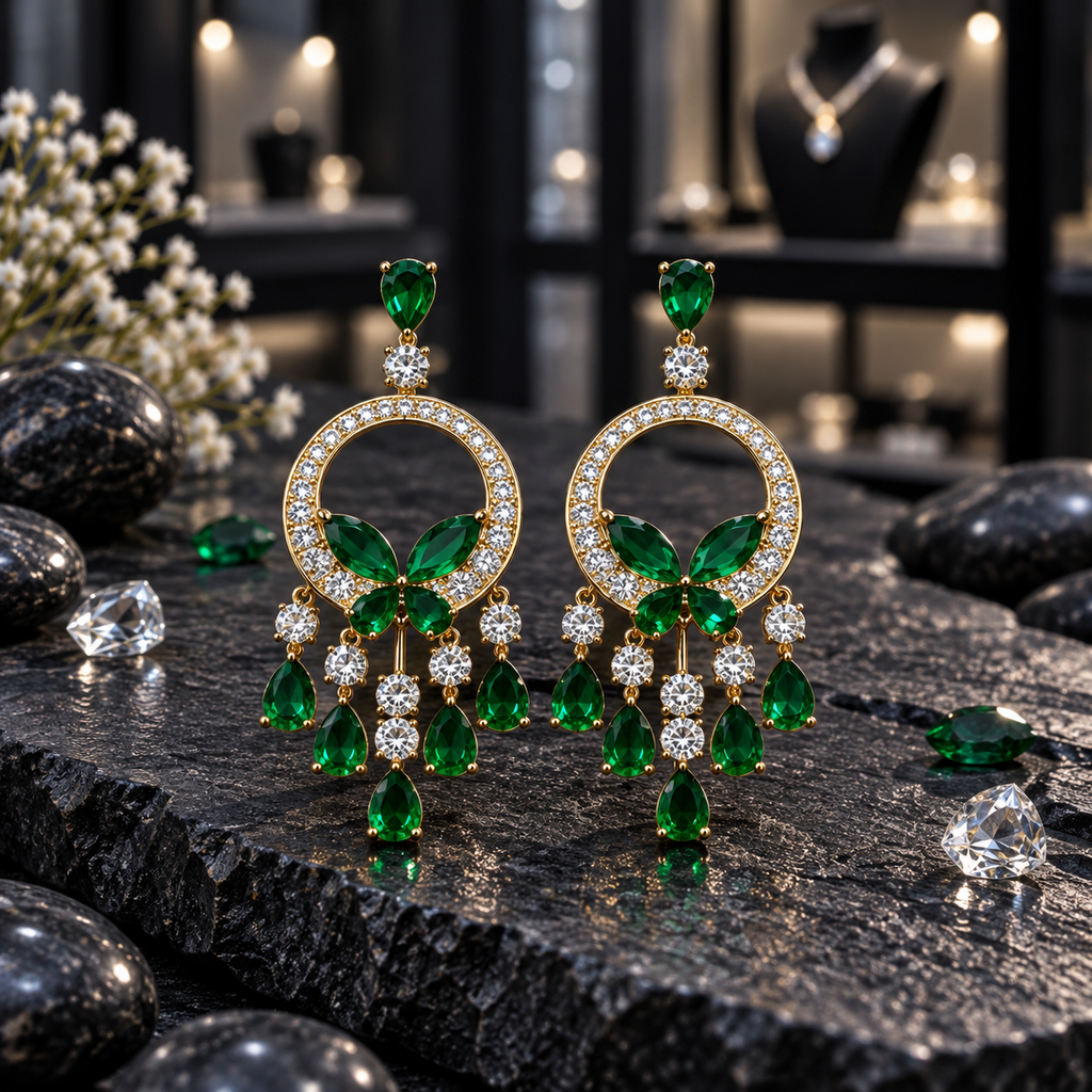 Pair of gold-tone circle chandelier earrings with green butterfly details, clear sparkling accents and graduated green teardrop drops.