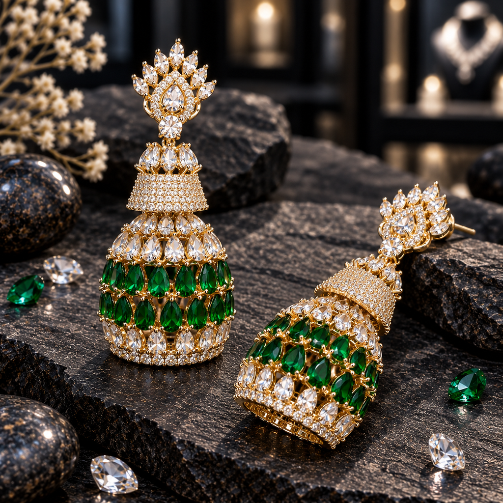 Pair of gold-tone tiered jhumka earrings with clear crown-like tops, sparkling upper bells and two rows of green teardrop accents.