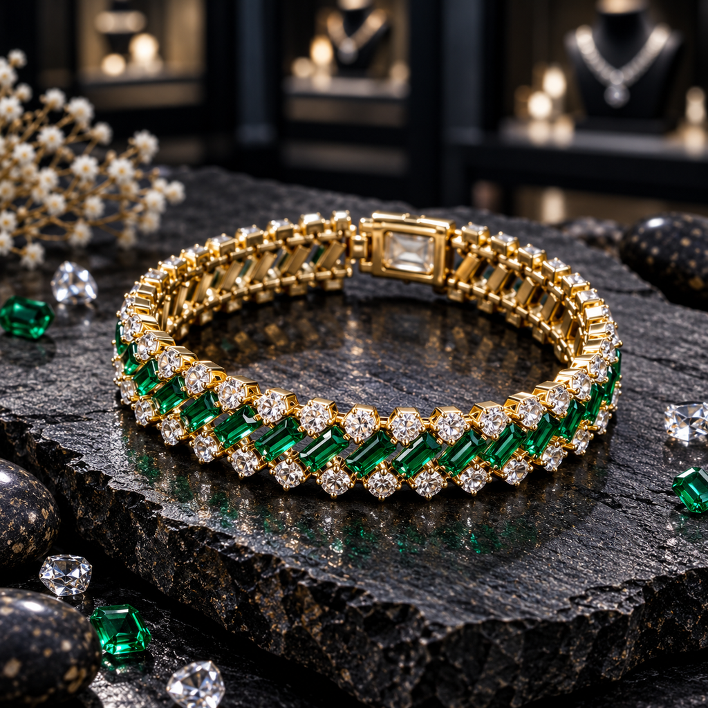 Gold-tone linked bracelet with diagonal green rectangular accents, round clear accents along both borders and a rectangular back closure section on dark slate.