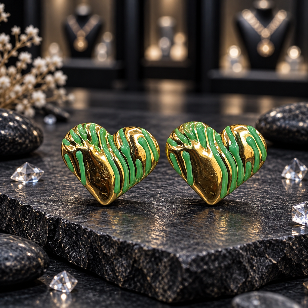 Pair of rounded gold-tone heart earrings with raised green curved drizzle-style lines displayed on dark slate.