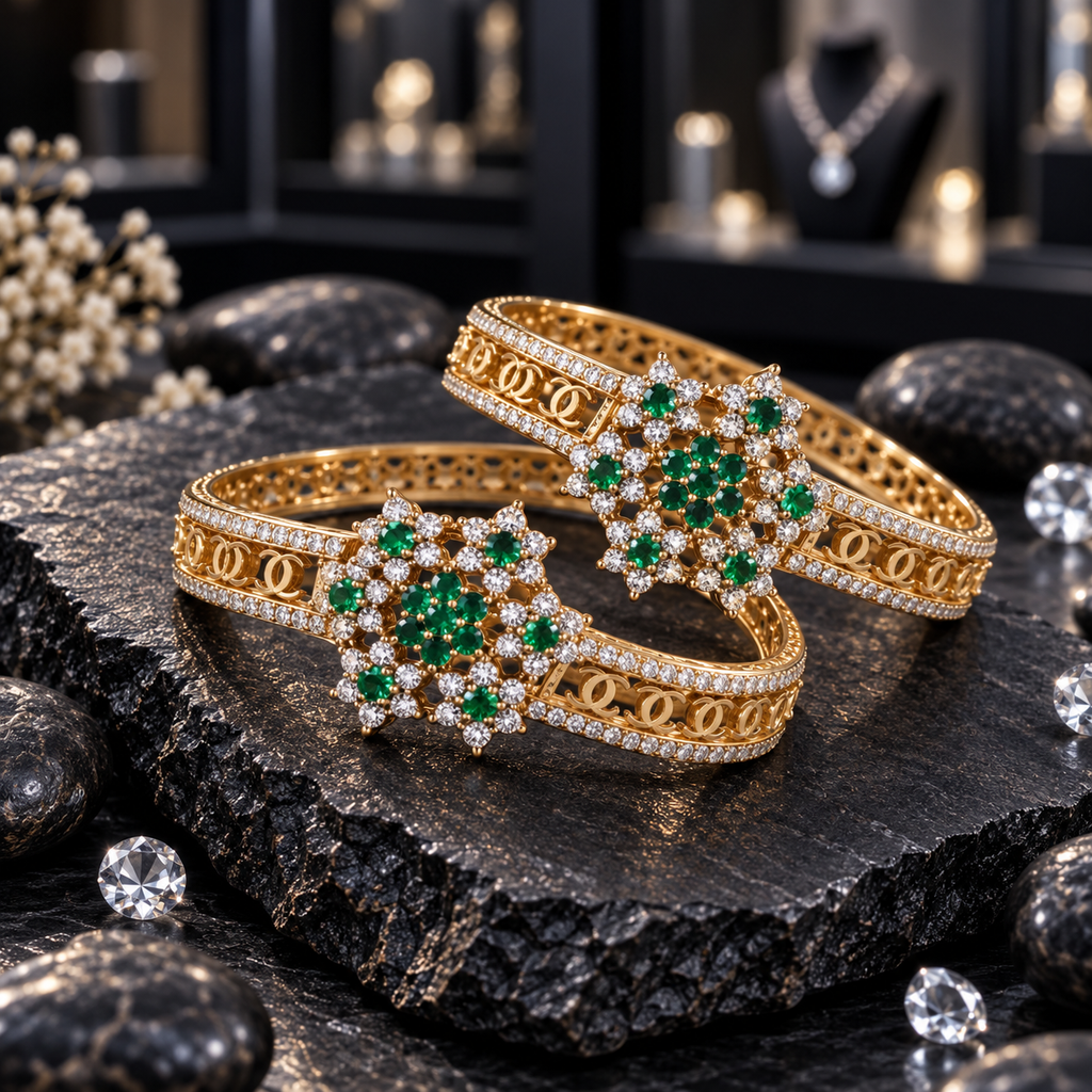Pair of gold-tone openwork bangles with green floral clusters and clear accent borders, displayed on dark stone.