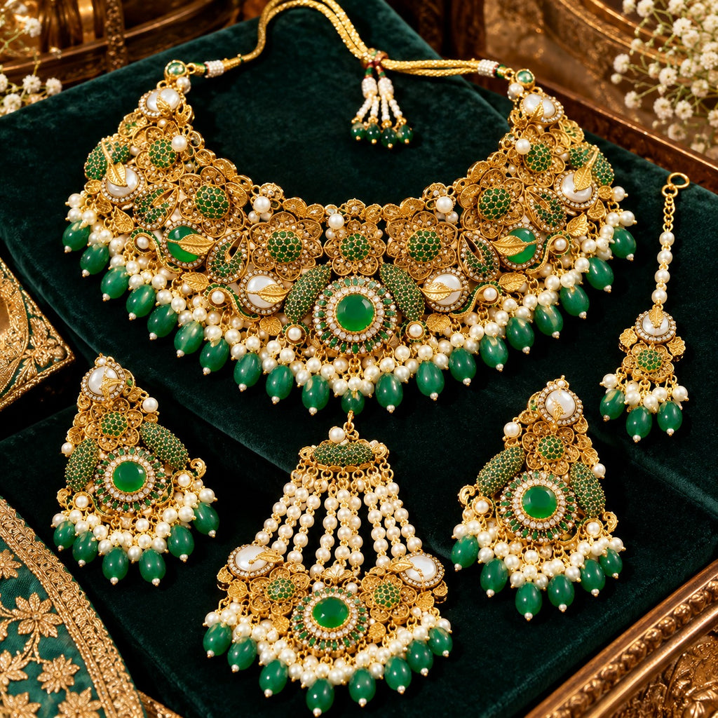 Gold-tone green floral necklace, earrings, bindia and pearl-look strand jhummer on green velvet, with round green centres and green drop fringe.