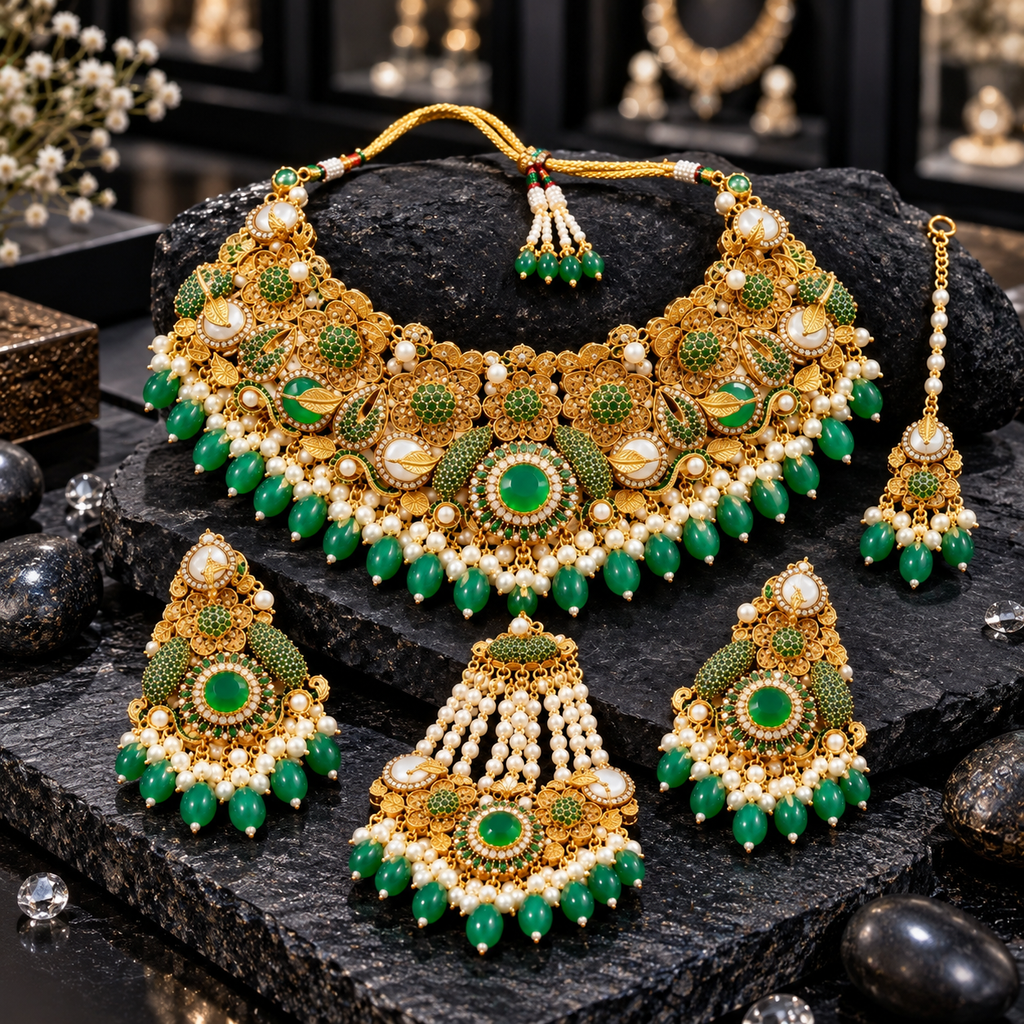 Gold-tone green floral necklace, matching earrings, bindia and jhummer on dark stone, with white pearl-look bead clusters and green oval drops.