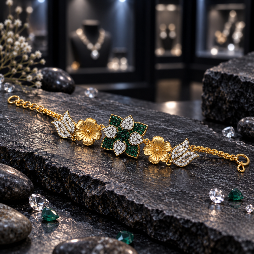 Gold-tone bracelet with a green layered floral centre, clear teardrop-shaped petals, sculpted flowers and clear-accent tulip links.