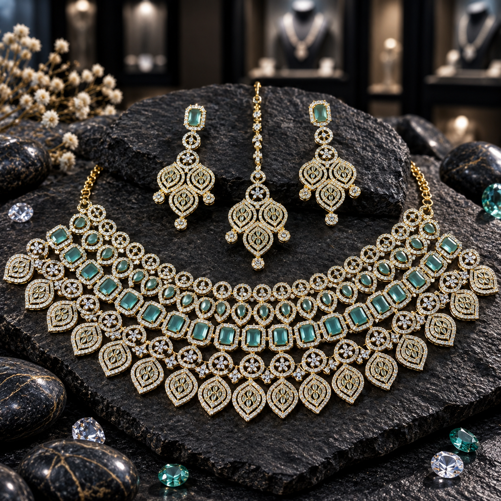 Gold-tone AD set with a broad green rectangular-accent and leaf-fringe necklace, matching green-top earrings and an openwork leaf-motif bindia.