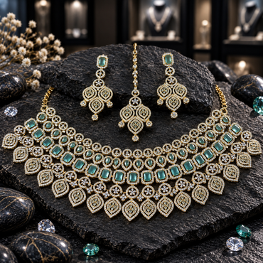 Gold-tone AD set with a broad green rectangular-accent and leaf-fringe necklace, matching green-top earrings and an openwork leaf-motif bindia.